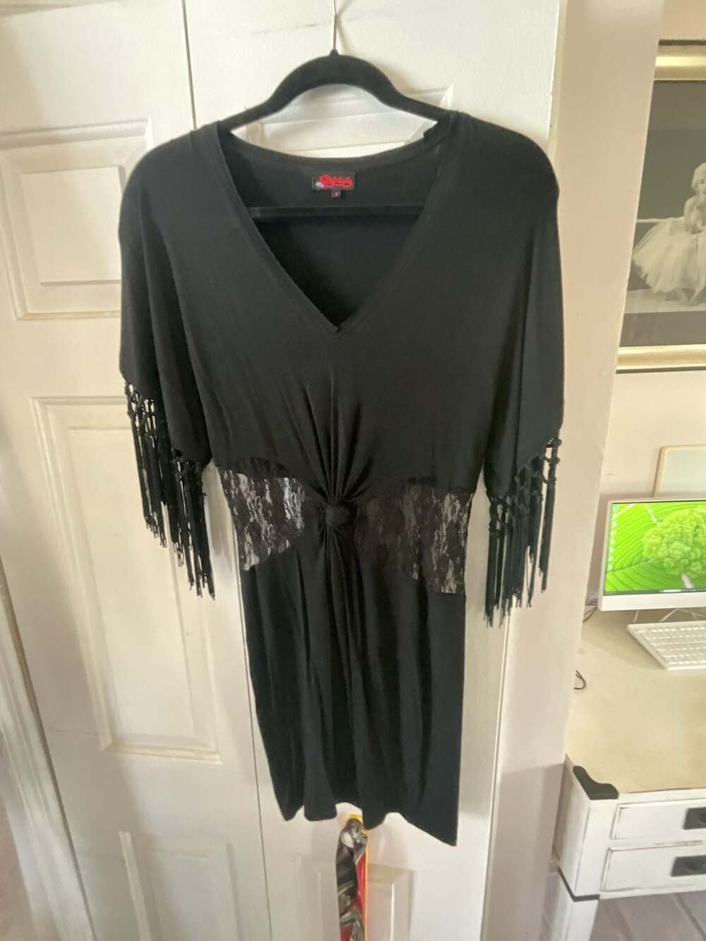Kat Vo D Los Angeles Black V-Neck Dress, Lace Waist Detail, Fringe Sleeves